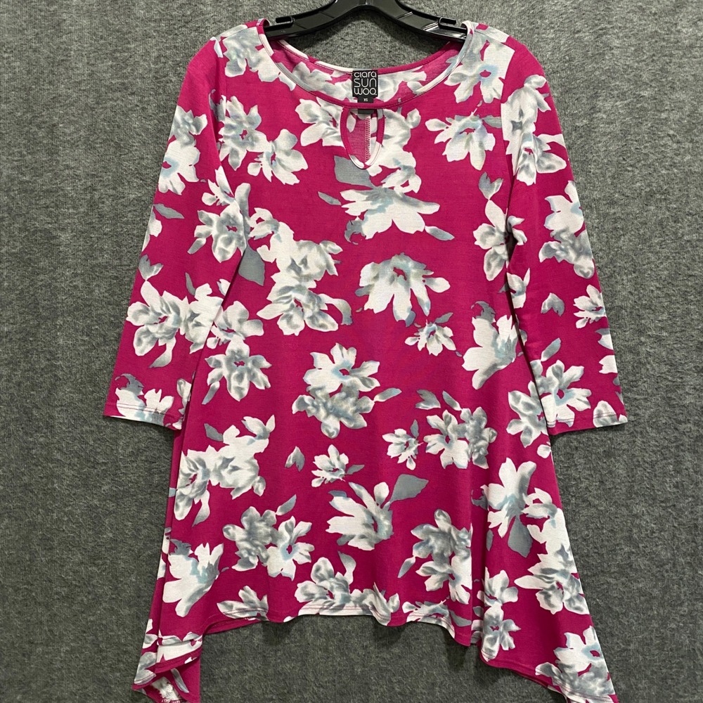 NEW Clara Sun Woo Tunic Top Womens XS Pink Floral Boxy Art Stretch Asymmetrical